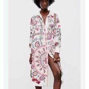 Zara White and Pink Patterned Midi Dress